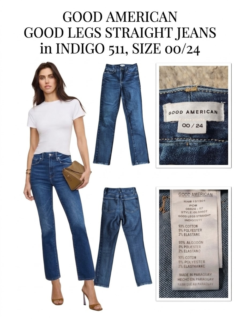 Good American "Good Legs Straight" jeans, Indigo511 wash, 00/24